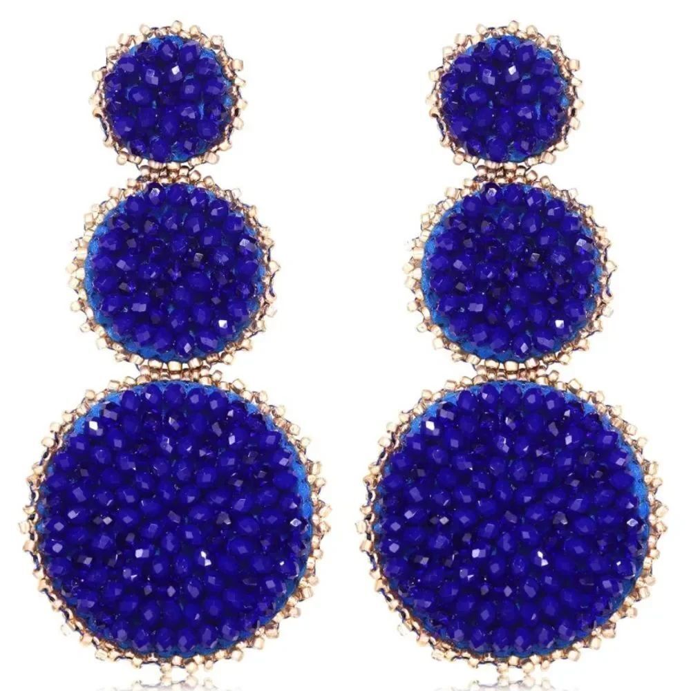 Blue and Gold Beaded Triple Disc Round Boho Drop Statement Post Back Earrings